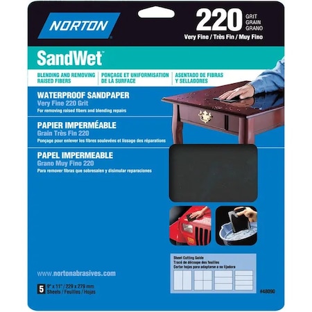 Norton Co 9" x 11" SandWet Wet or Dry Sanding Sheets 220-Grit, PK 5 48090